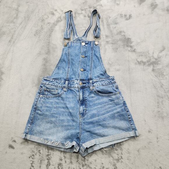 American Eagle MOM SHORTALL Womens 4 Blue Denim Shorts Overalls Buttons Cuffed - Picture 1 of 14